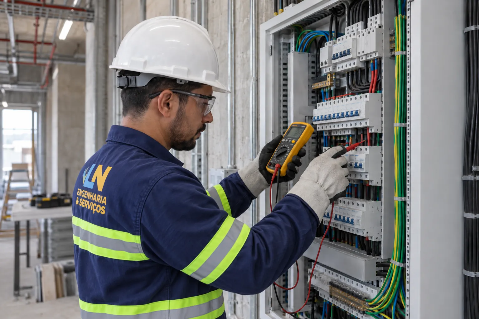 Eletricista da LN Engenharia trabalhando em painel elétrico